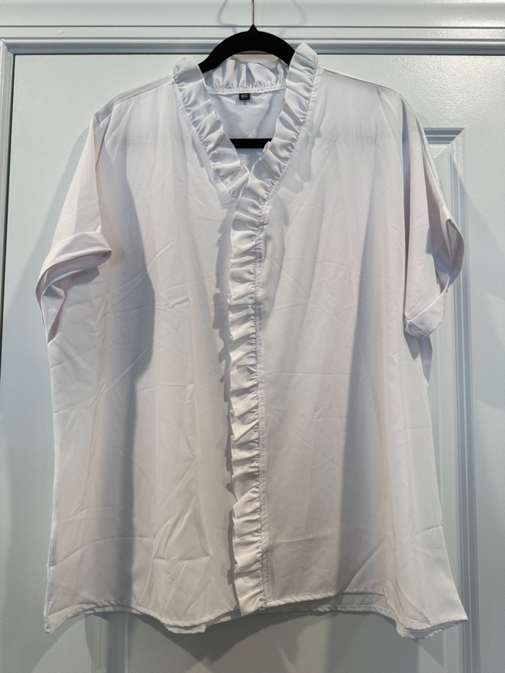 Women's White Ruffle-Front Short Sleeve Shirt